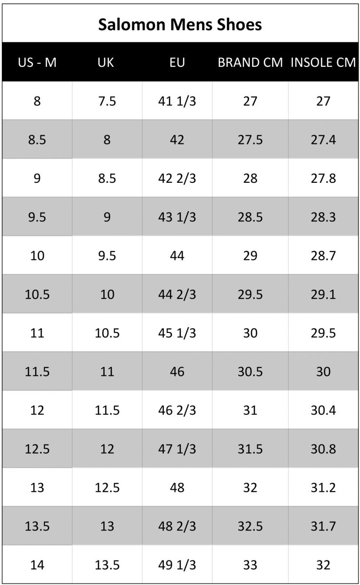 Salomon shoe clearance chart